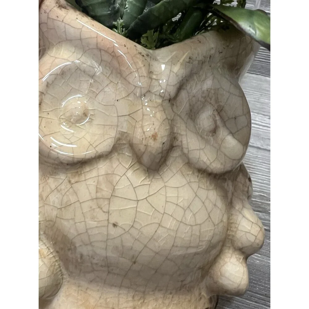 Rustic Crackled Owl Planter with Faux Succulents 9” Primitive Look Decor